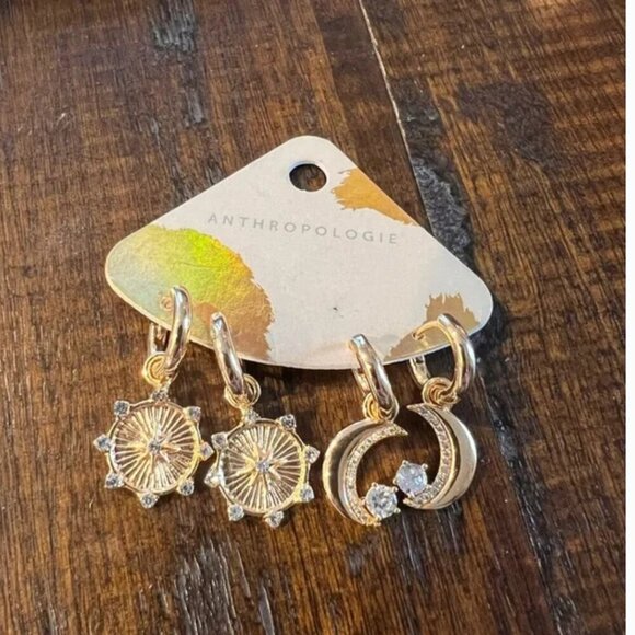 Anthropologie NWT Starry Night Charm Huggie Hoop Earrings-Set of 2 In Gold - Picture 3 of 4